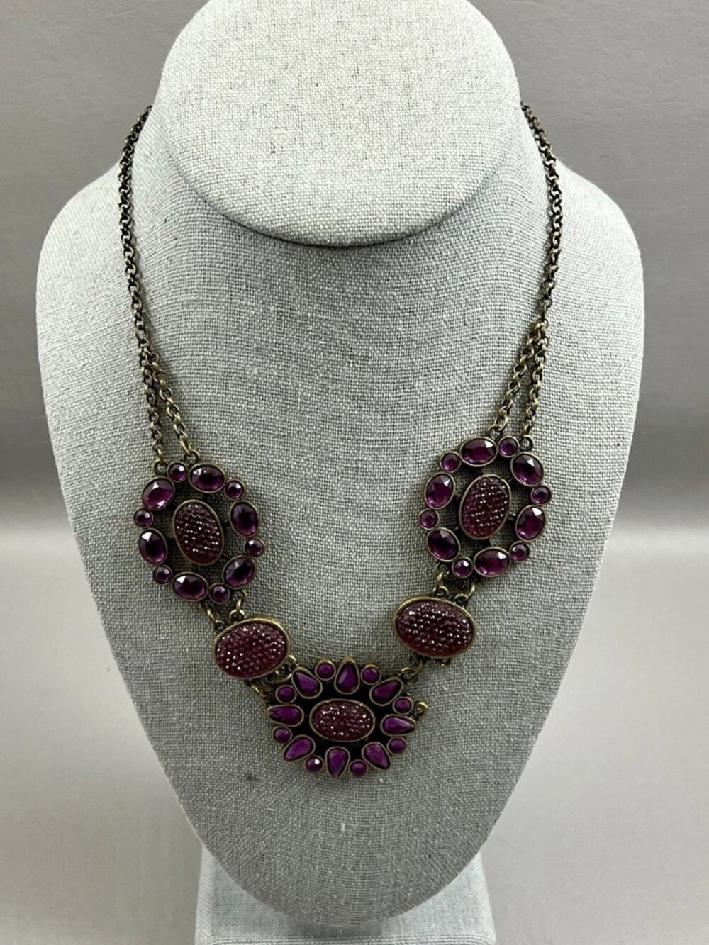 Vintage Purple Statement Necklace Antiqued Gold Tone Druzy Cabochon Faceted Rhin